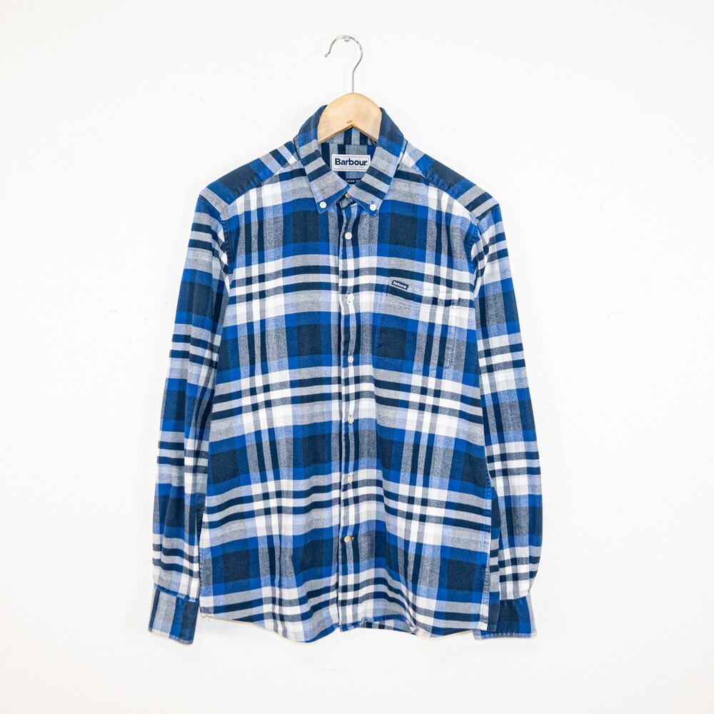Barbour Men's Small Button Down Flannel Shirt Blue Plaid Tailored fit